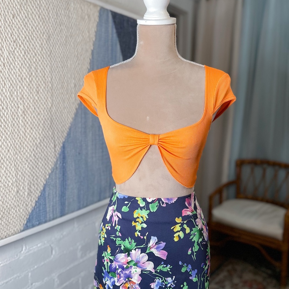 Princess Polly Orange Bow Front Ribbed Knit Crop Top